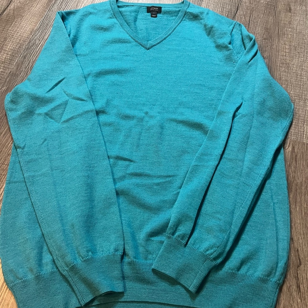 J Crew Mens L Sweater 100% Merino Wool V-Neck Long Sleeve Teal Knit Top Preppy